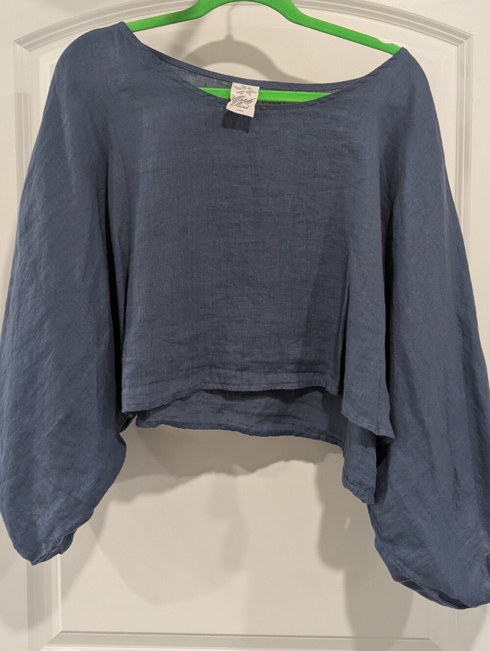 Match Point Woven Linen Balloon-Sleeve Crop Top - Slate Blue Size XL